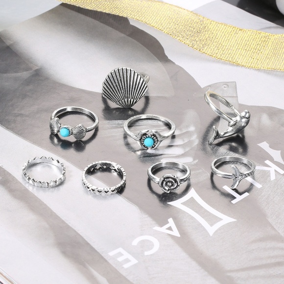 **EDWINA* 7-Pc Silver x Blue Shell Fashion Ring Set - Picture 4 of 7